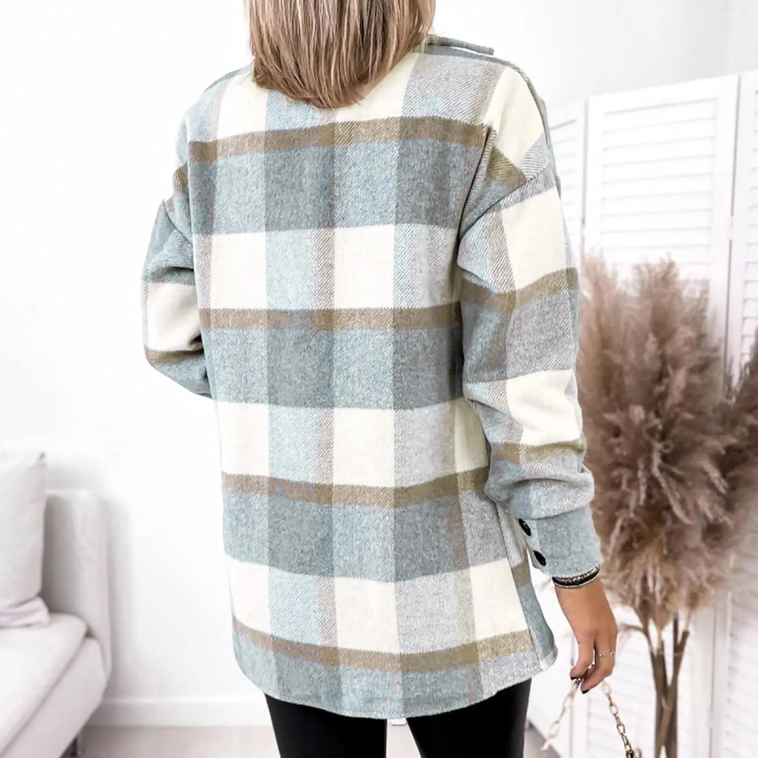 Womens Plaid Shacket Button Down Lapel Collar Shirt Jackets Casual Boyfriend Outerwear Fall Winter Jacket