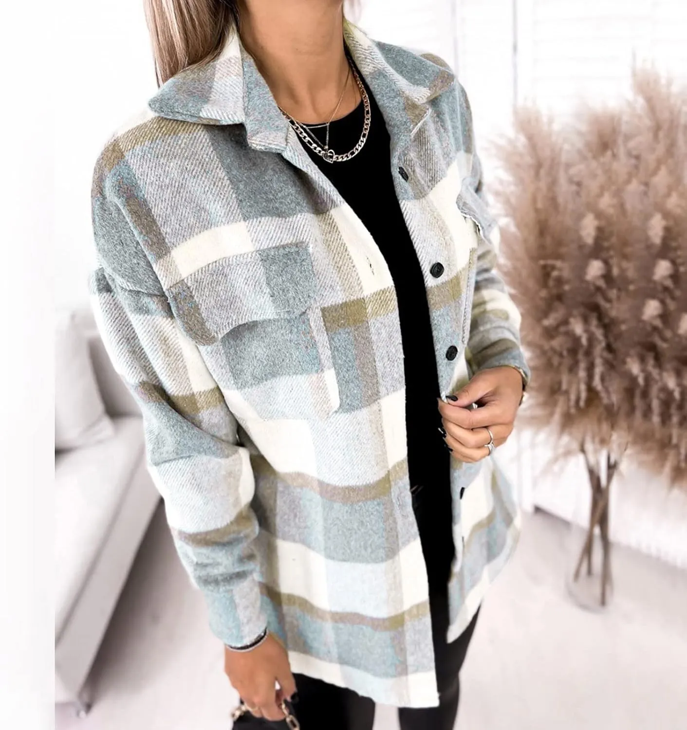 Womens Plaid Shacket Button Down Lapel Collar Shirt Jackets Casual Boyfriend Outerwear Fall Winter Jacket