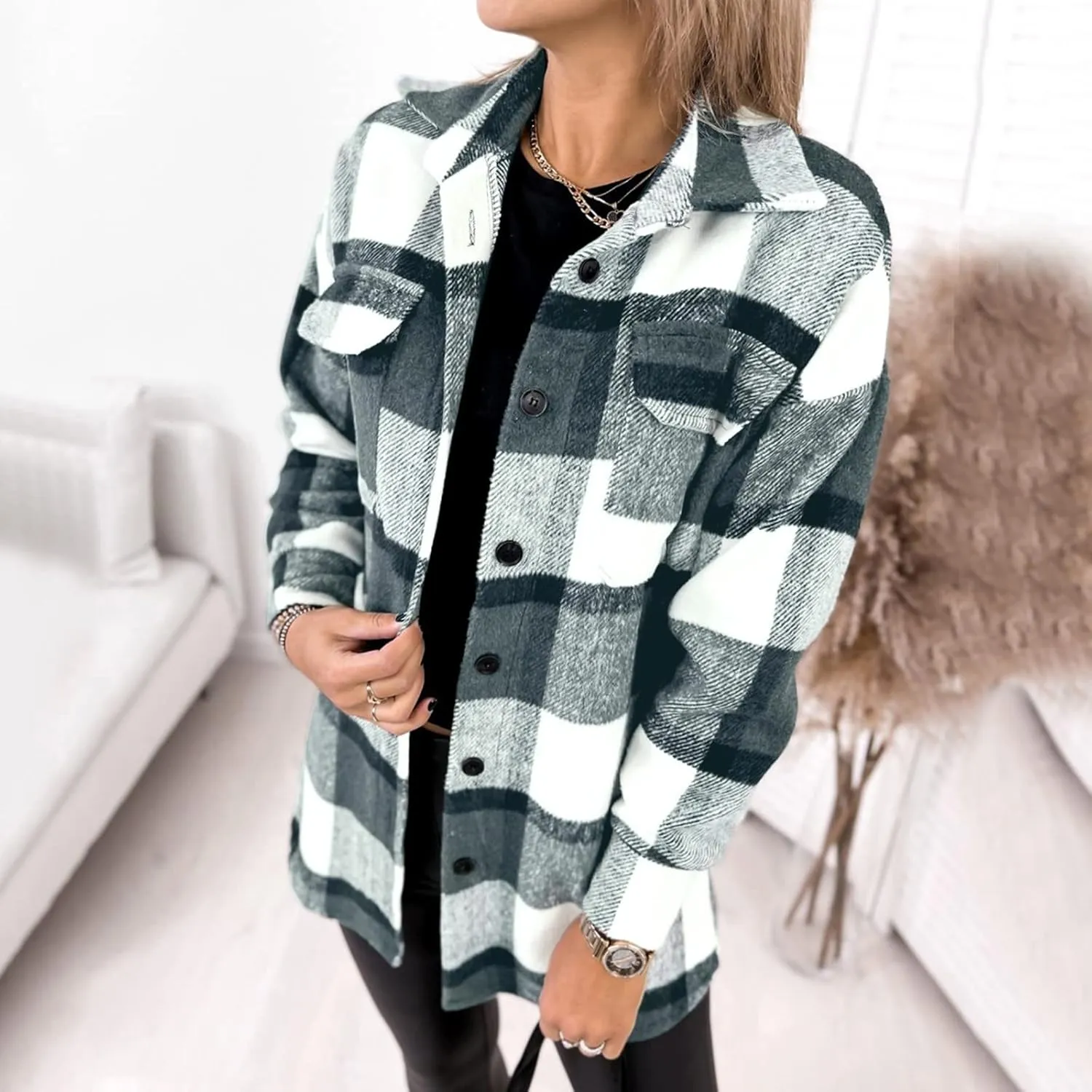 Womens Plaid Shacket Button Down Lapel Collar Shirt Jackets Casual Boyfriend Outerwear Fall Winter Jacket