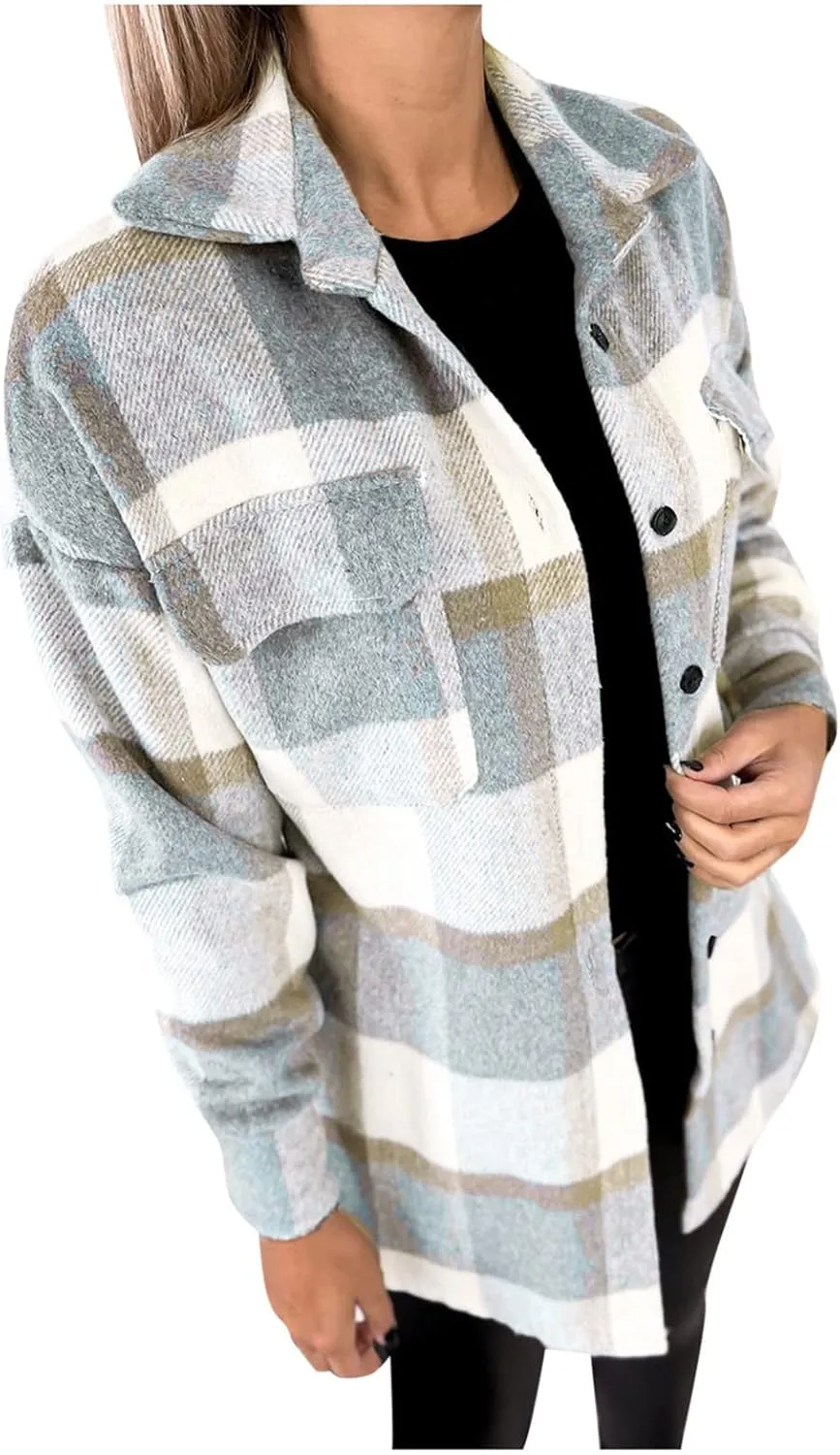 Womens Plaid Shacket Button Down Lapel Collar Shirt Jackets Casual Boyfriend Outerwear Fall Winter Jacket