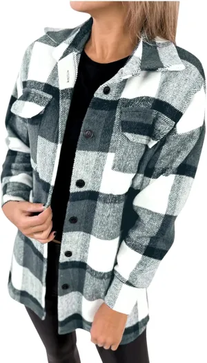 Womens Plaid Shacket Button Down Lapel Collar Shirt Jackets Casual Boyfriend Outerwear Fall Winter Jacket