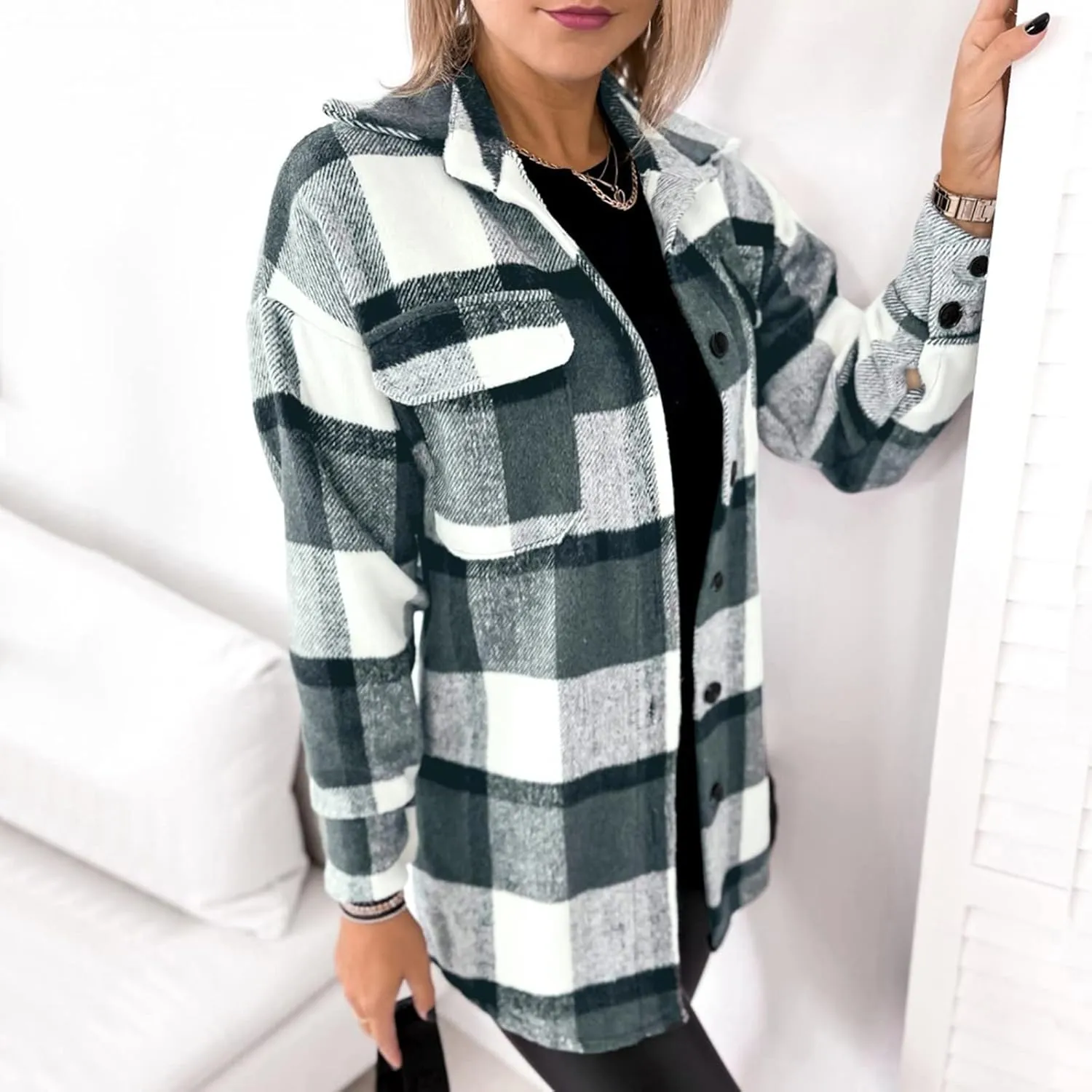 Womens Plaid Shacket Button Down Lapel Collar Shirt Jackets Casual Boyfriend Outerwear Fall Winter Jacket