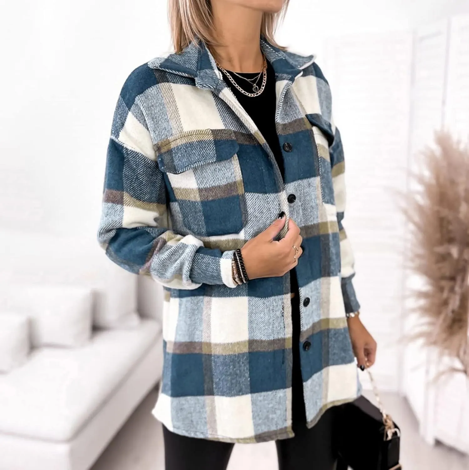 Womens Plaid Shacket Button Down Lapel Collar Shirt Jackets Casual Boyfriend Outerwear Fall Winter Jacket