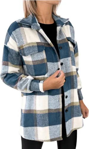 Womens Plaid Shacket Button Down Lapel Collar Shirt Jackets Casual Boyfriend Outerwear Fall Winter Jacket
