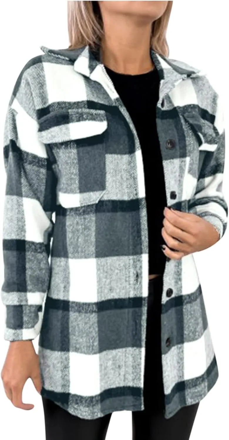 Womens Plaid Shacket Button Down Lapel Collar Shirt Jackets Casual Boyfriend Outerwear Fall Winter Jacket