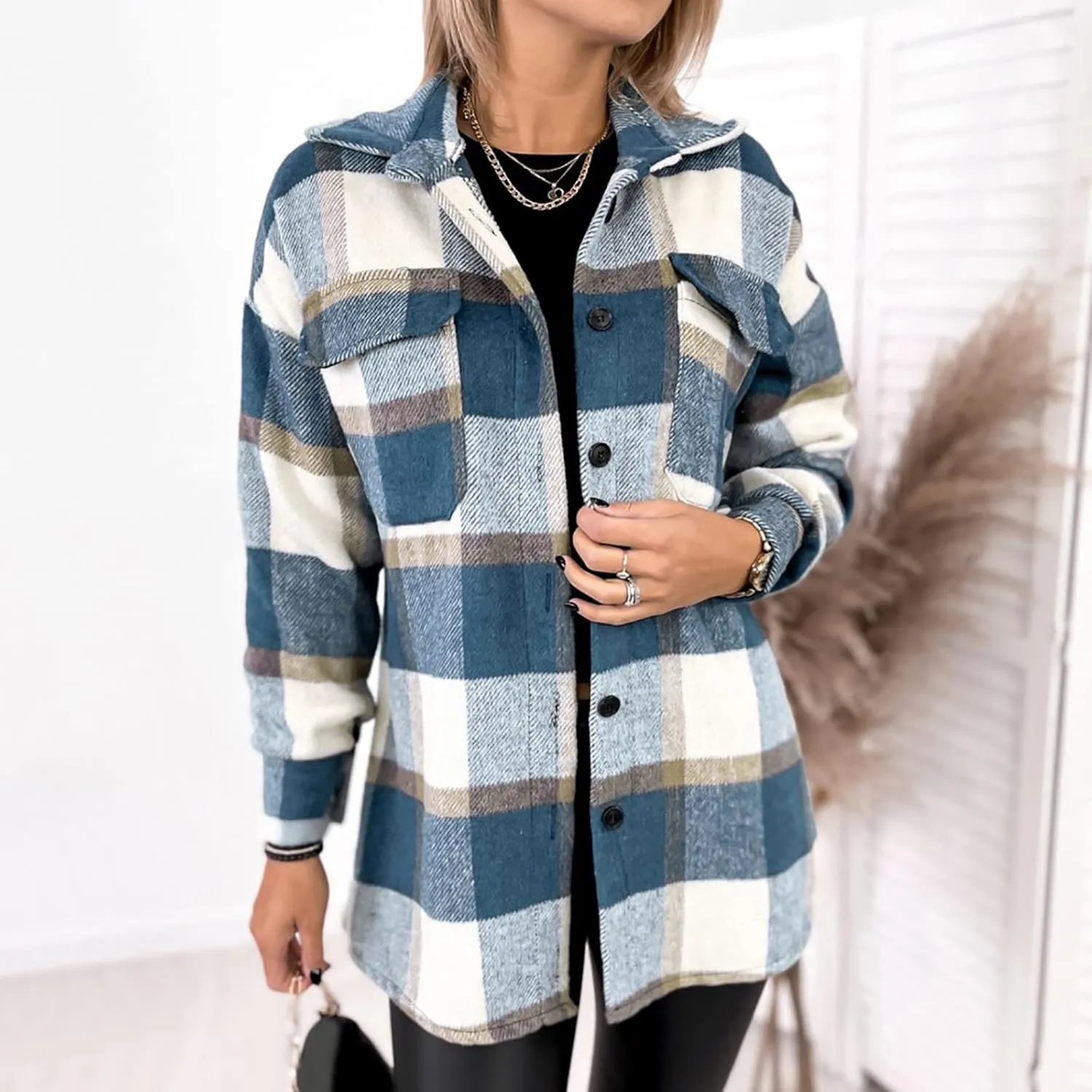 Womens Plaid Shacket Button Down Lapel Collar Shirt Jackets Casual Boyfriend Outerwear Fall Winter Jacket