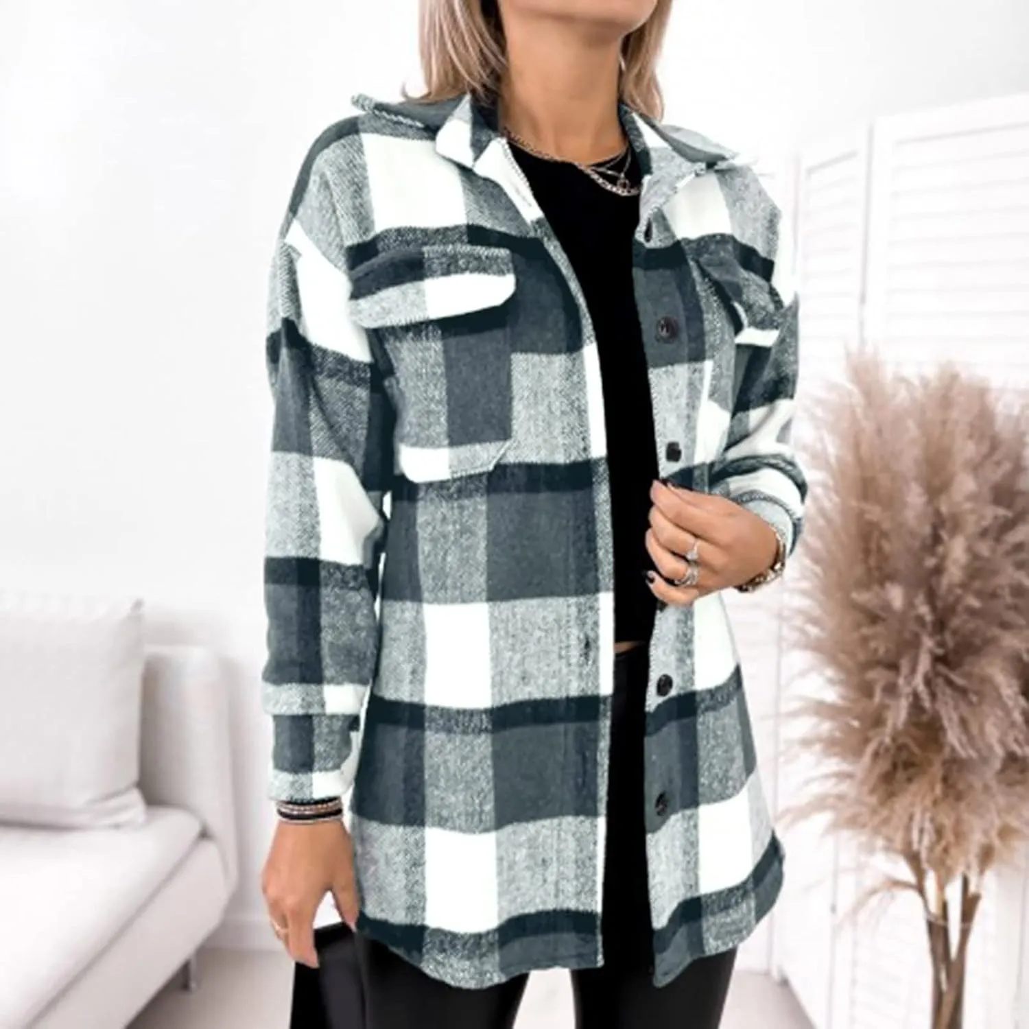 Womens Plaid Shacket Button Down Lapel Collar Shirt Jackets Casual Boyfriend Outerwear Fall Winter Jacket