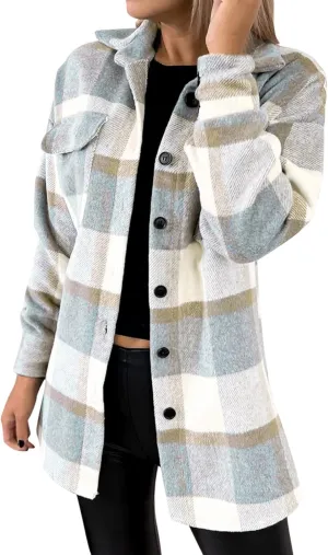 Womens Plaid Shacket Button Down Lapel Collar Shirt Jackets Casual Boyfriend Outerwear Fall Winter Jacket
