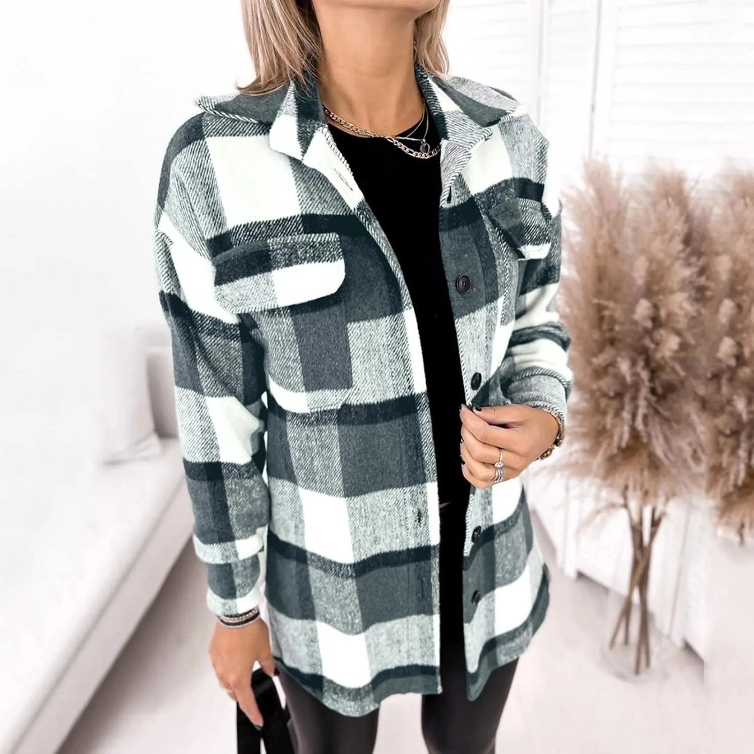 Womens Plaid Shacket Button Down Lapel Collar Shirt Jackets Casual Boyfriend Outerwear Fall Winter Jacket