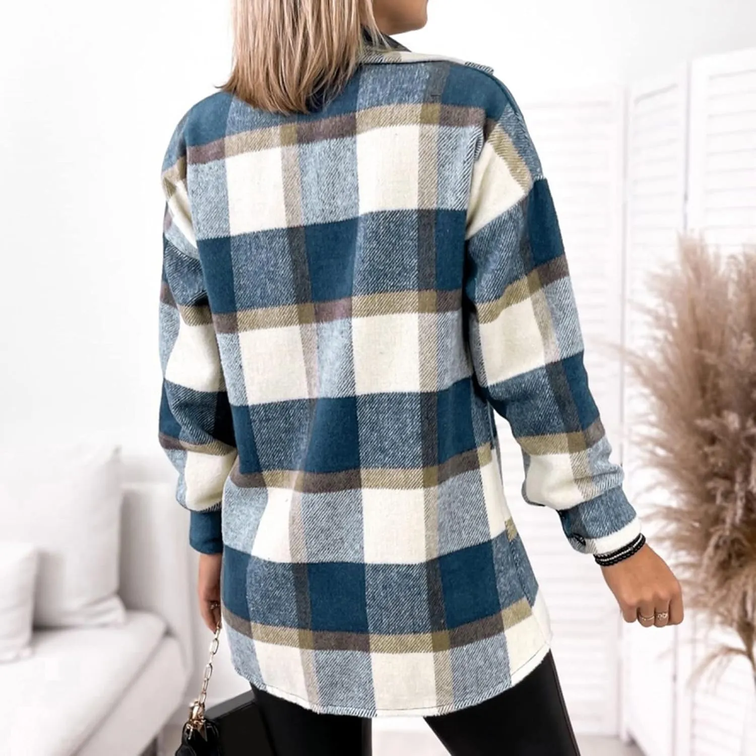 Womens Plaid Shacket Button Down Lapel Collar Shirt Jackets Casual Boyfriend Outerwear Fall Winter Jacket