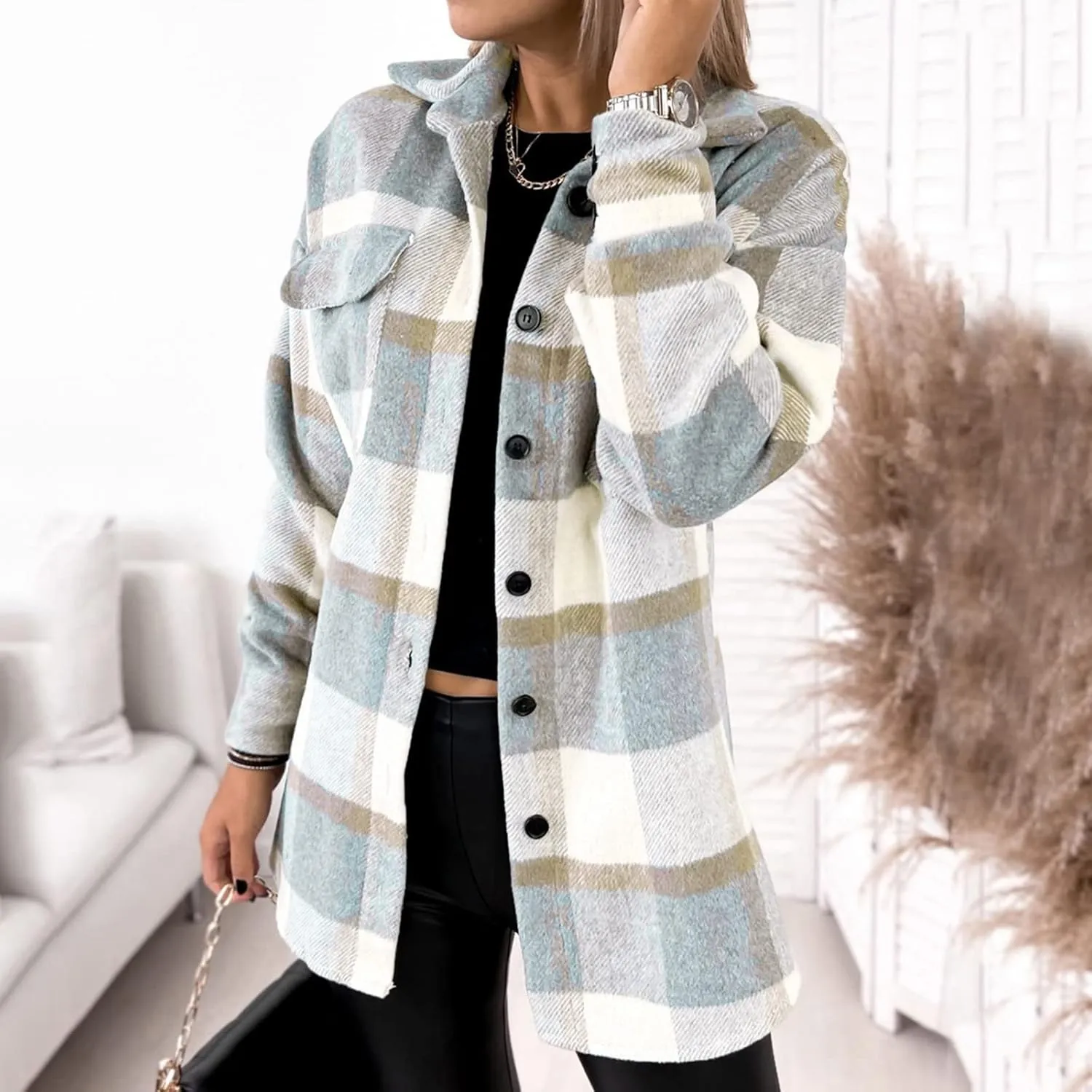 Womens Plaid Shacket Button Down Lapel Collar Shirt Jackets Casual Boyfriend Outerwear Fall Winter Jacket