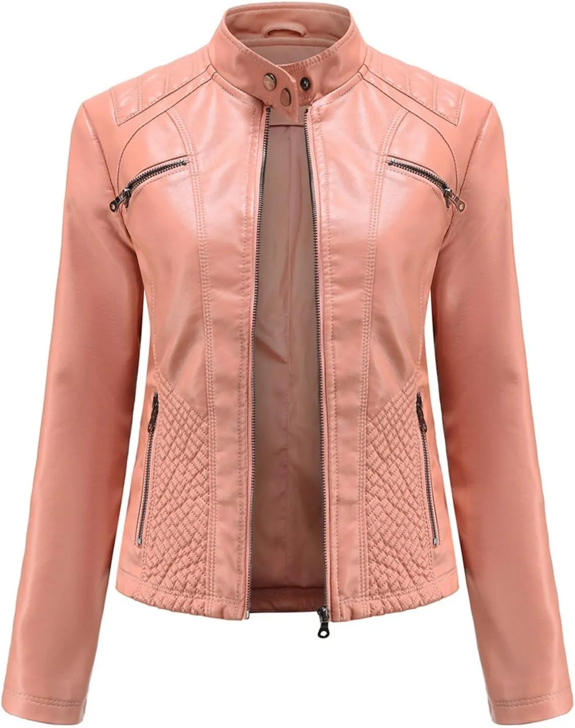 Women's PU Faux Leather Jacket Standing Collar Cardigan Zip Up Outwear Open Front Lapel Overcoat PU Biker Jackets