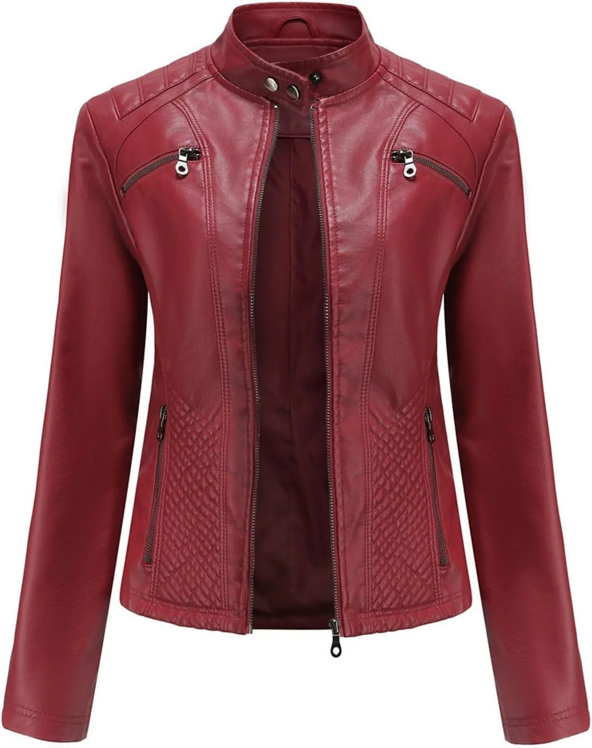 Women's PU Faux Leather Jacket Standing Collar Cardigan Zip Up Outwear Open Front Lapel Overcoat PU Biker Jackets