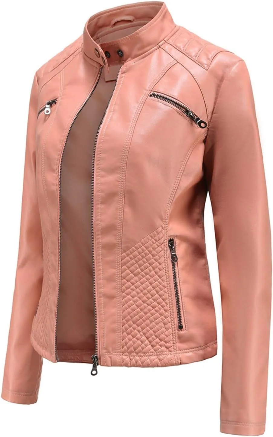 Women's PU Faux Leather Jacket Standing Collar Cardigan Zip Up Outwear Open Front Lapel Overcoat PU Biker Jackets