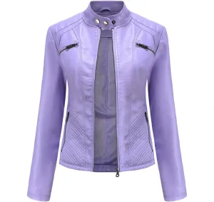 Women's PU Faux Leather Jacket Standing Collar Cardigan Zip Up Outwear Open Front Lapel Overcoat PU Biker Jackets