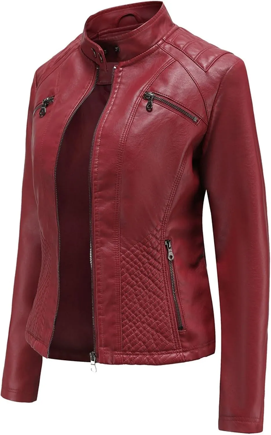 Women's PU Faux Leather Jacket Standing Collar Cardigan Zip Up Outwear Open Front Lapel Overcoat PU Biker Jackets