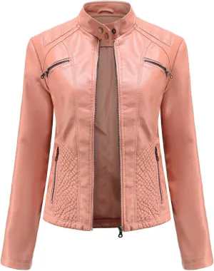 Women's PU Faux Leather Jacket Standing Collar Cardigan Zip Up Outwear Open Front Lapel Overcoat PU Biker Jackets