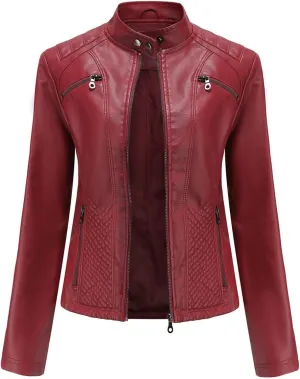 Women's PU Faux Leather Jacket Standing Collar Cardigan Zip Up Outwear Open Front Lapel Overcoat PU Biker Jackets
