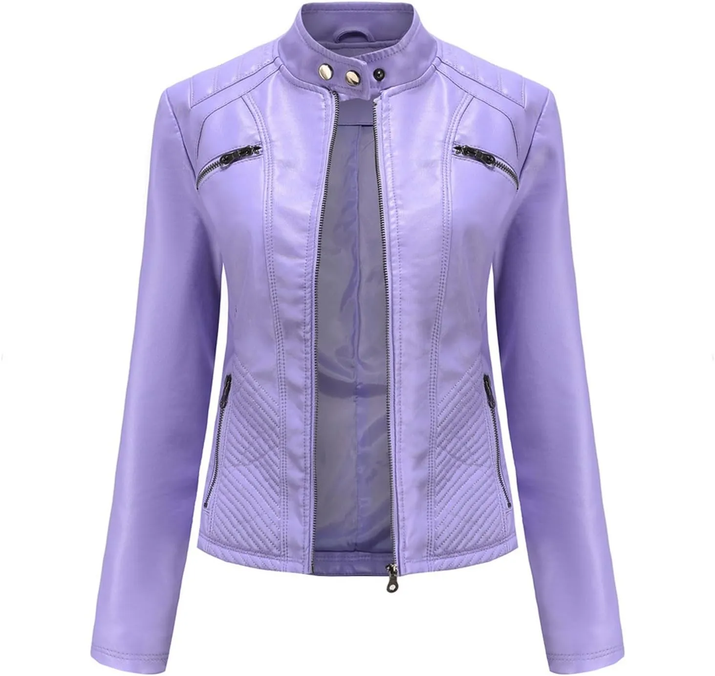 Women's PU Faux Leather Jacket Standing Collar Cardigan Zip Up Outwear Open Front Lapel Overcoat PU Biker Jackets
