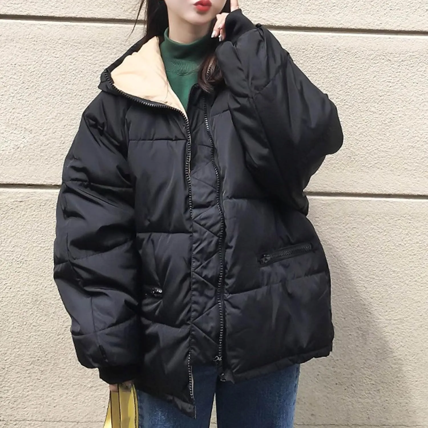 Womens Quilted Jacket Full-Zip Hooded Puffer Jackets Coats Fashion Loose Fit Winter Outerwear Cozy Warm Down Jackets