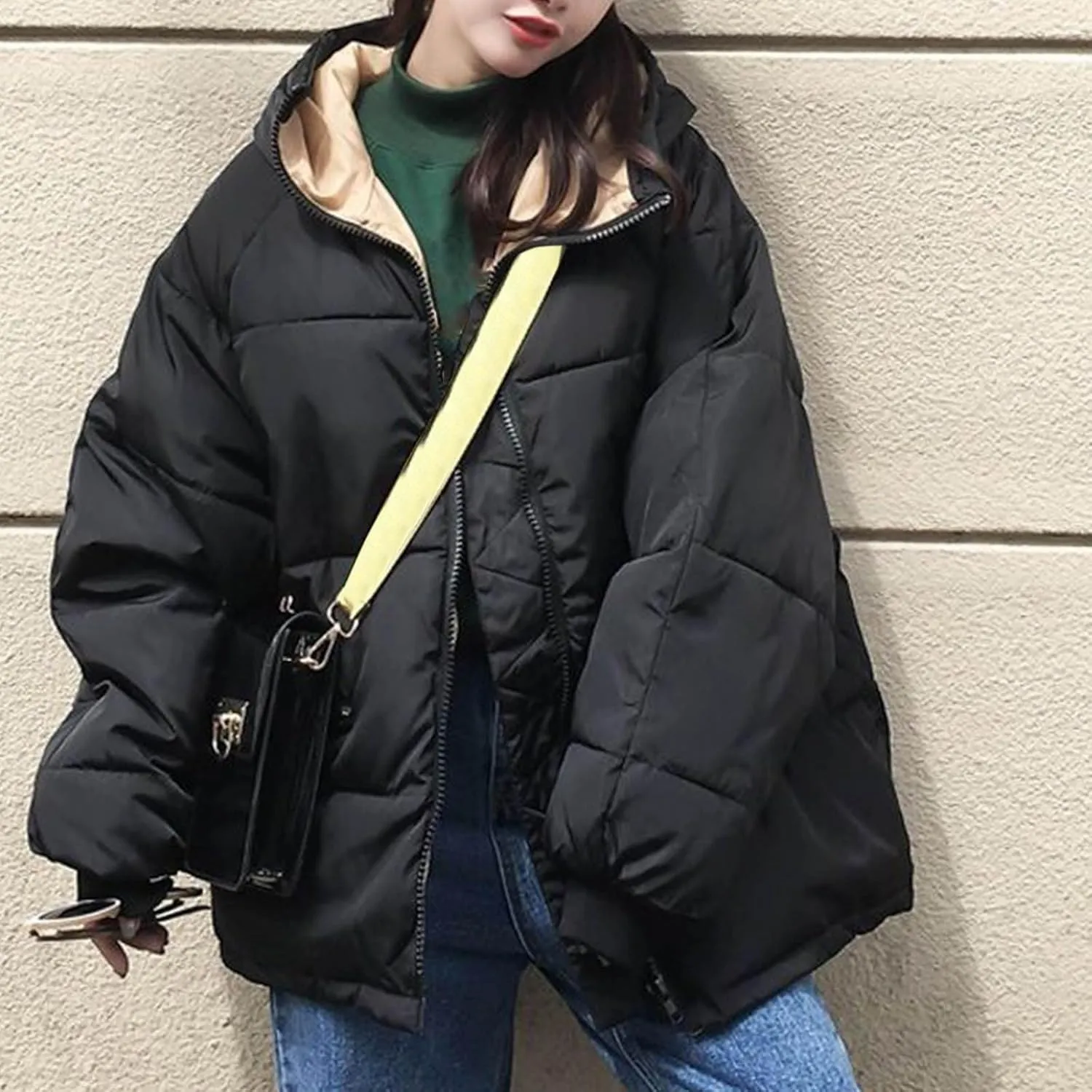 Womens Quilted Jacket Full-Zip Hooded Puffer Jackets Coats Fashion Loose Fit Winter Outerwear Cozy Warm Down Jackets