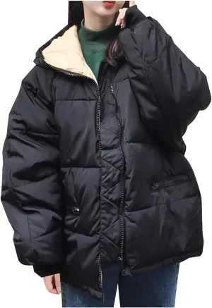 Womens Quilted Jacket Full-Zip Hooded Puffer Jackets Coats Fashion Loose Fit Winter Outerwear Cozy Warm Down Jackets