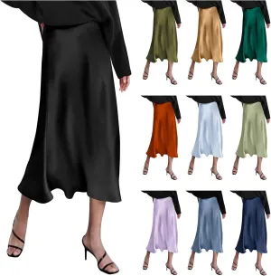 Womens Satin High Waist Skirt Summer Silk Elegant A Line Long Skirts 2025 Sexy Cocktail Party Wedding Midi Skirt