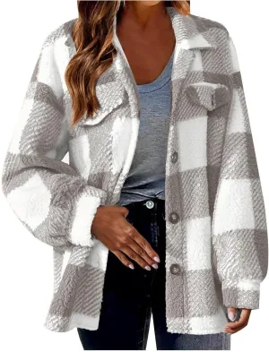 Womens Sherpa Lined Plaid Shacket Jacket Fashion Fall Lightweight Coats Button Down Flannel Outerwear Bomber Jacket