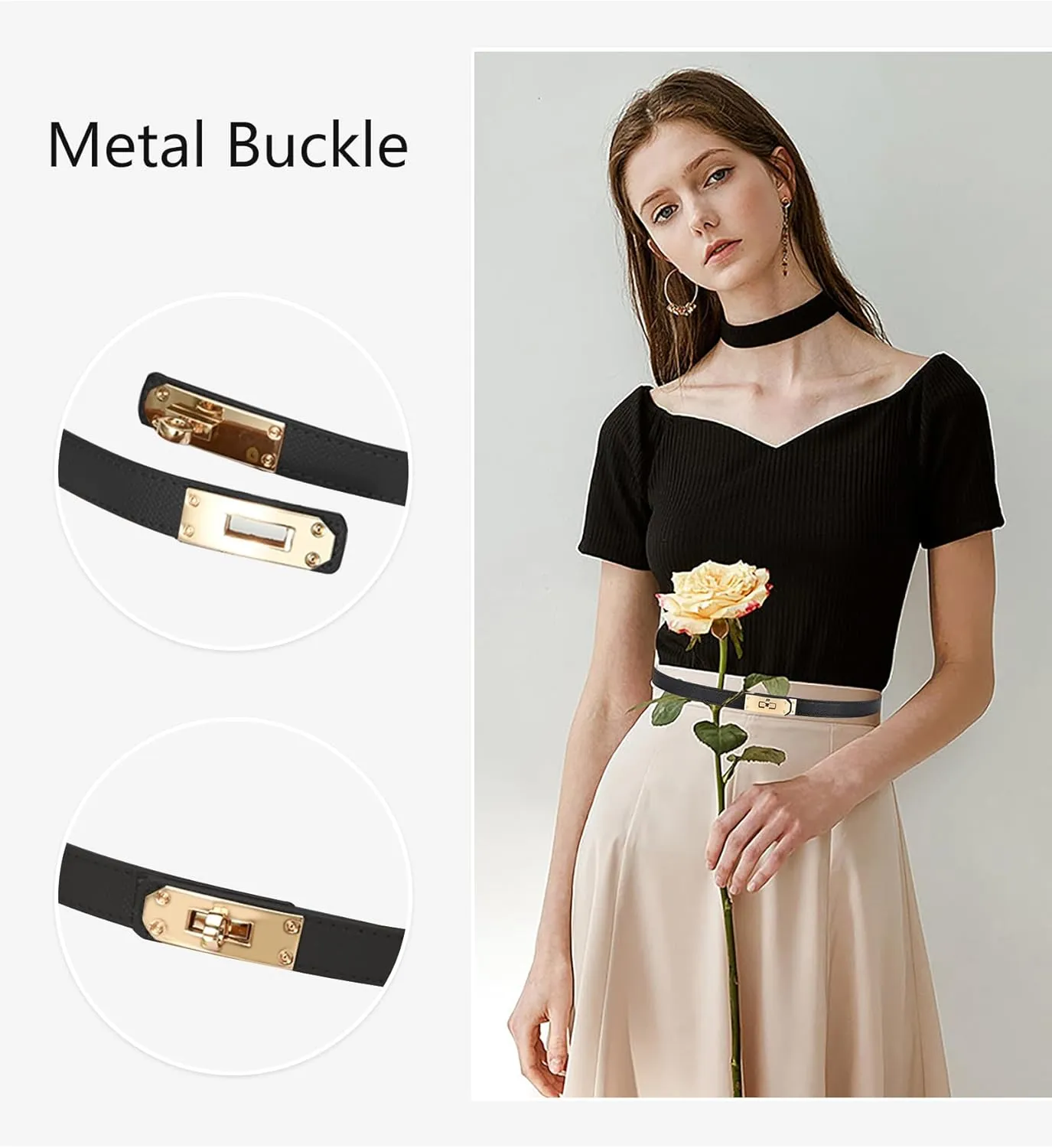 Women's Skinny Leather Belt with Adjustable Silver Turn-Lock Buckle - Ideal for Dresses, Jeans, and Coats, Black