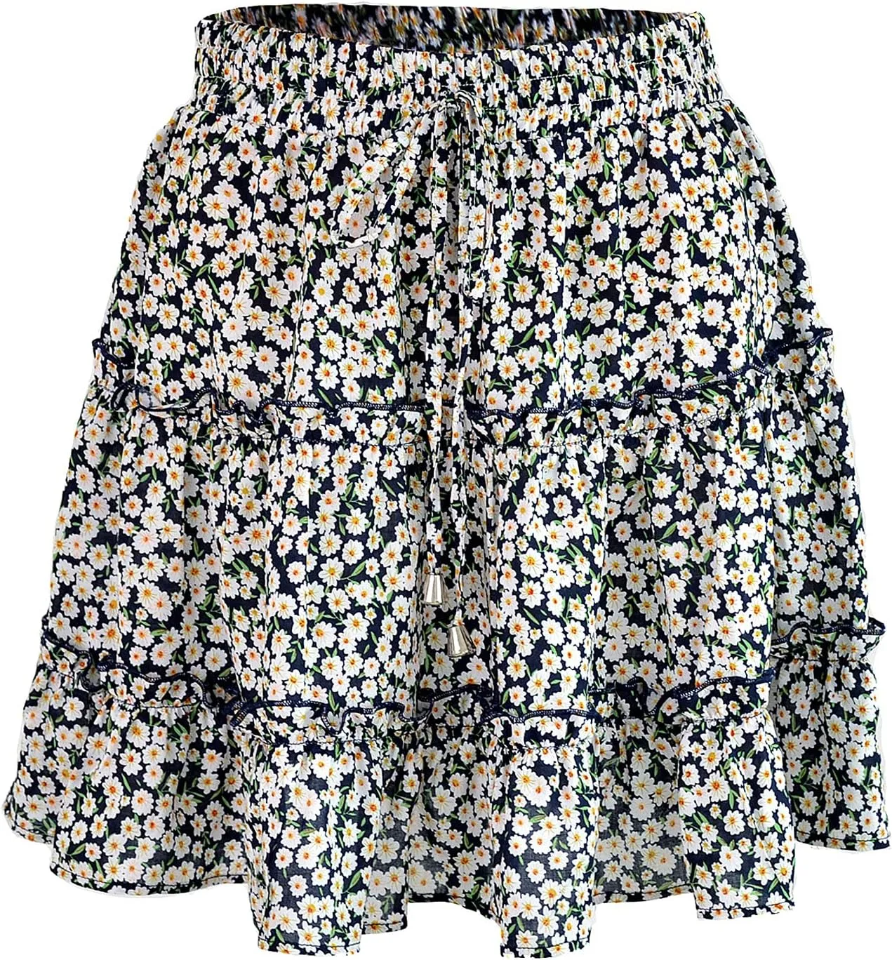Women's Skirt Summer Flowers Printed High Waist Drawstring Layered Ruffles Boho A-Line Pleated Skater Mini Skirt (Color : A, Size : X-Large)