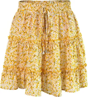 Women's Skirt Summer Flowers Printed High Waist Drawstring Layered Ruffles Boho A-Line Pleated Skater Mini Skirt (Color : B, Size : XX-Large)