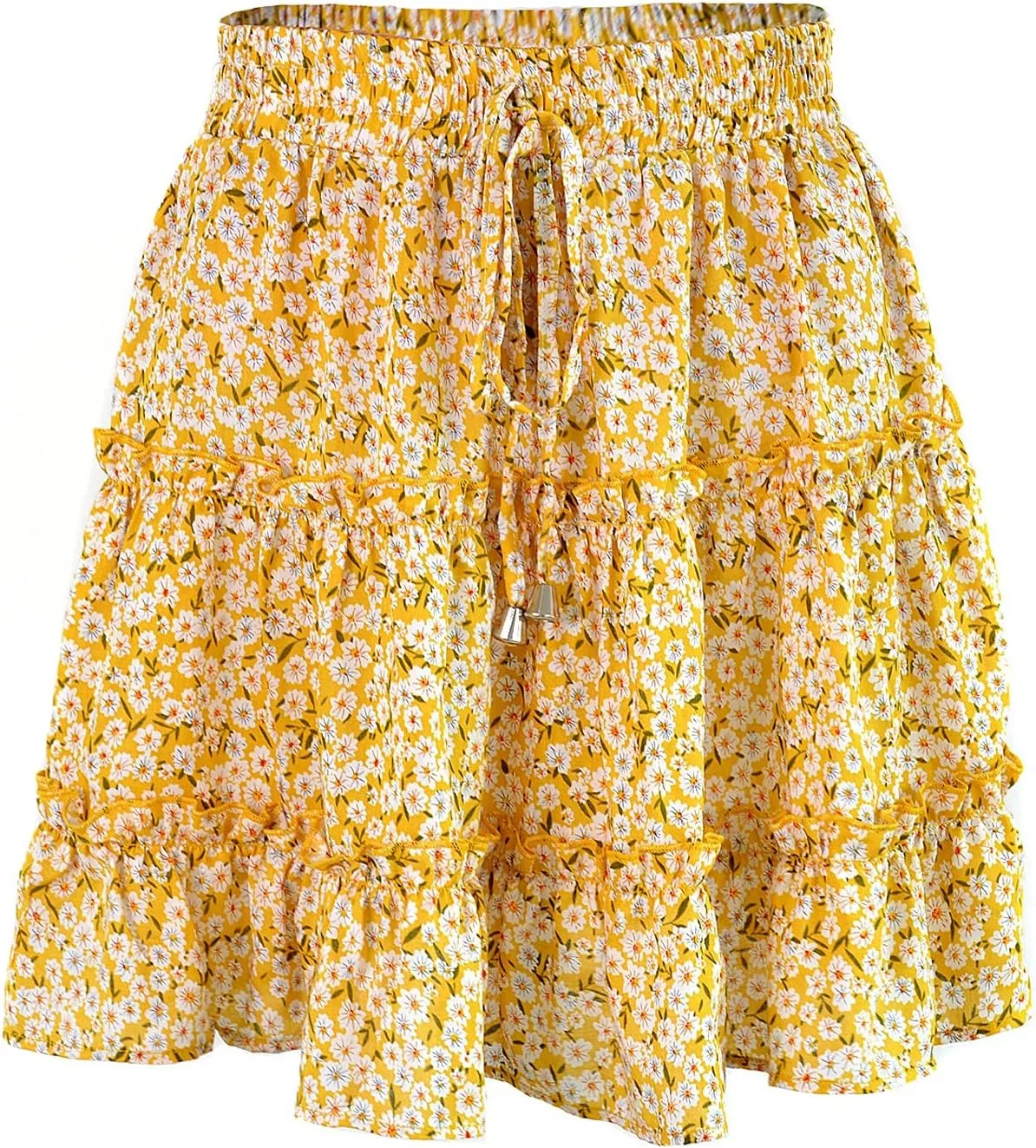 Women's Skirt Summer Flowers Printed High Waist Drawstring Layered Ruffles Boho A-Line Pleated Skater Mini Skirt (Color : B, Size : XX-Large)