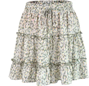Women's Skirt Summer Flowers Printed High Waist Drawstring Layered Ruffles Boho A-Line Pleated Skater Mini Skirt (Color : C, Size : Large)
