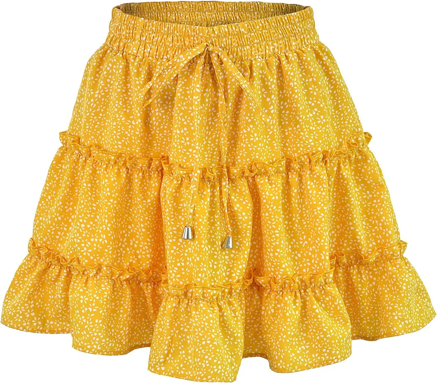 Women's Skirt Summer Flowers Printed High Waist Drawstring Layered Ruffles Boho A-Line Pleated Skater Mini Skirt (Color : E, Size : Large)