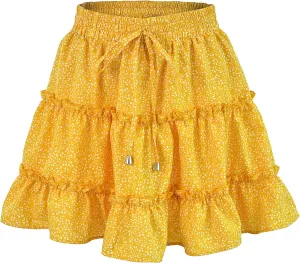 Women's Skirt Summer Flowers Printed High Waist Drawstring Layered Ruffles Boho A-Line Pleated Skater Mini Skirt (Color : E, Size : Large)