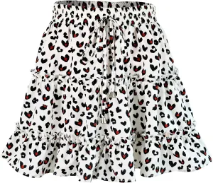Women's Skirt Summer Flowers Printed High Waist Drawstring Layered Ruffles Boho A-Line Pleated Skater Mini Skirt (Color : F, Size : Medium)