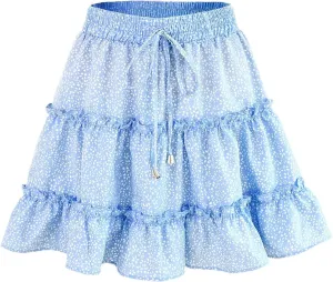 Women's Skirt Summer Flowers Printed High Waist Drawstring Layered Ruffles Boho A-Line Pleated Skater Mini Skirt (Color : G, Size : Medium)