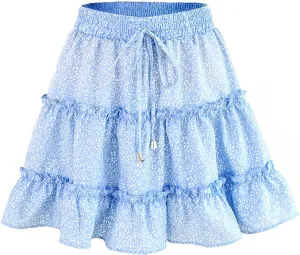 Women's Skirt Summer Flowers Printed High Waist Drawstring Layered Ruffles Boho A-Line Pleated Skater Mini Skirt (Color : G, Size : X-Large)