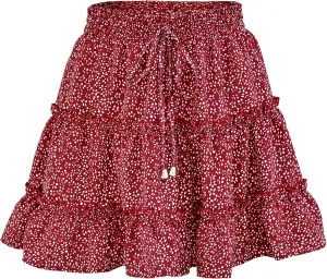 Women's Skirt Summer Flowers Printed High Waist Drawstring Layered Ruffles Boho A-Line Pleated Skater Mini Skirt (Color : H, Size : Small)
