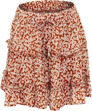 Women's Skirt Summer Flowers Printed High Waist Drawstring Layered Ruffles Boho A-Line Pleated Skater Mini Skirt (Color : I, Size : X-Large)