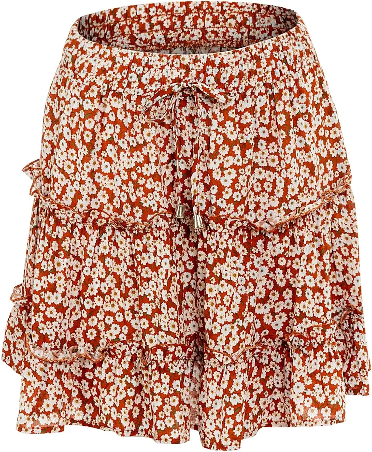 Women's Skirt Summer Flowers Printed High Waist Drawstring Layered Ruffles Boho A-Line Pleated Skater Mini Skirt (Color : I, Size : X-Large)