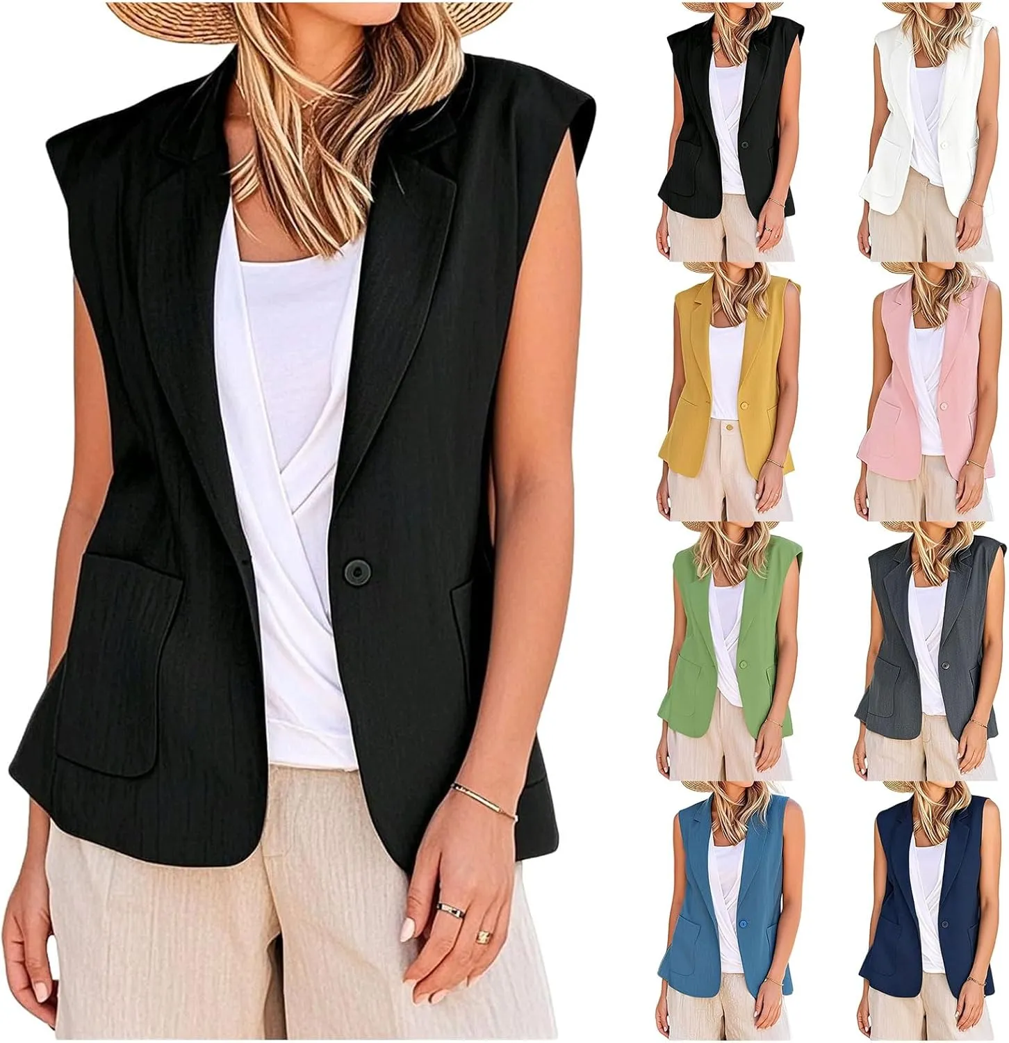 Women's Sleeveless Blazer Vest Casual Office Blazer Jackets Front Open Cardigan Work Suit Waistcoat with Pockets