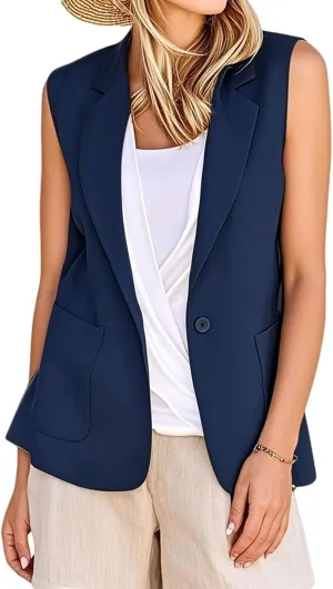 Women's Sleeveless Blazer Vest Casual Office Blazer Jackets Front Open Cardigan Work Suit Waistcoat with Pockets