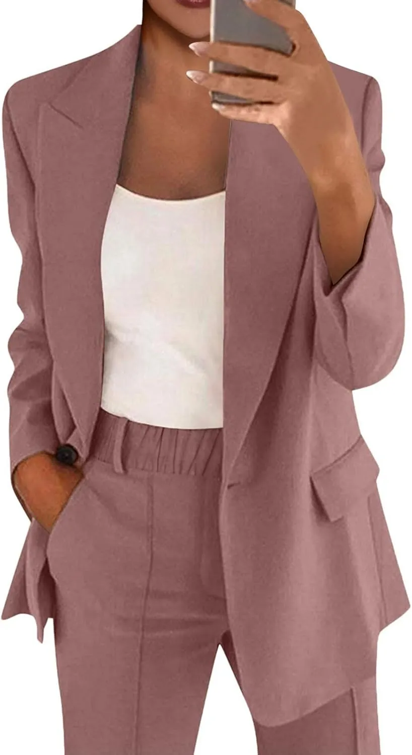 Women's Spring/Fall Two Piece Outfits Dressy Blazer Jacket and Wide Leg Pants Pockets Business Casual Office Suit Sets