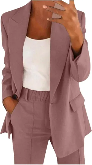 Women's Spring/Fall Two Piece Outfits Dressy Blazer Jacket and Wide Leg Pants Pockets Business Casual Office Suit Sets