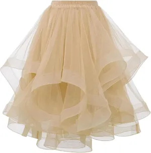 Women's Summer Casual Loose Trendy Elastic High Waist Solid Color Fluffy Mesh Party Latin Dance Flowy Skirts 2025, S-XL