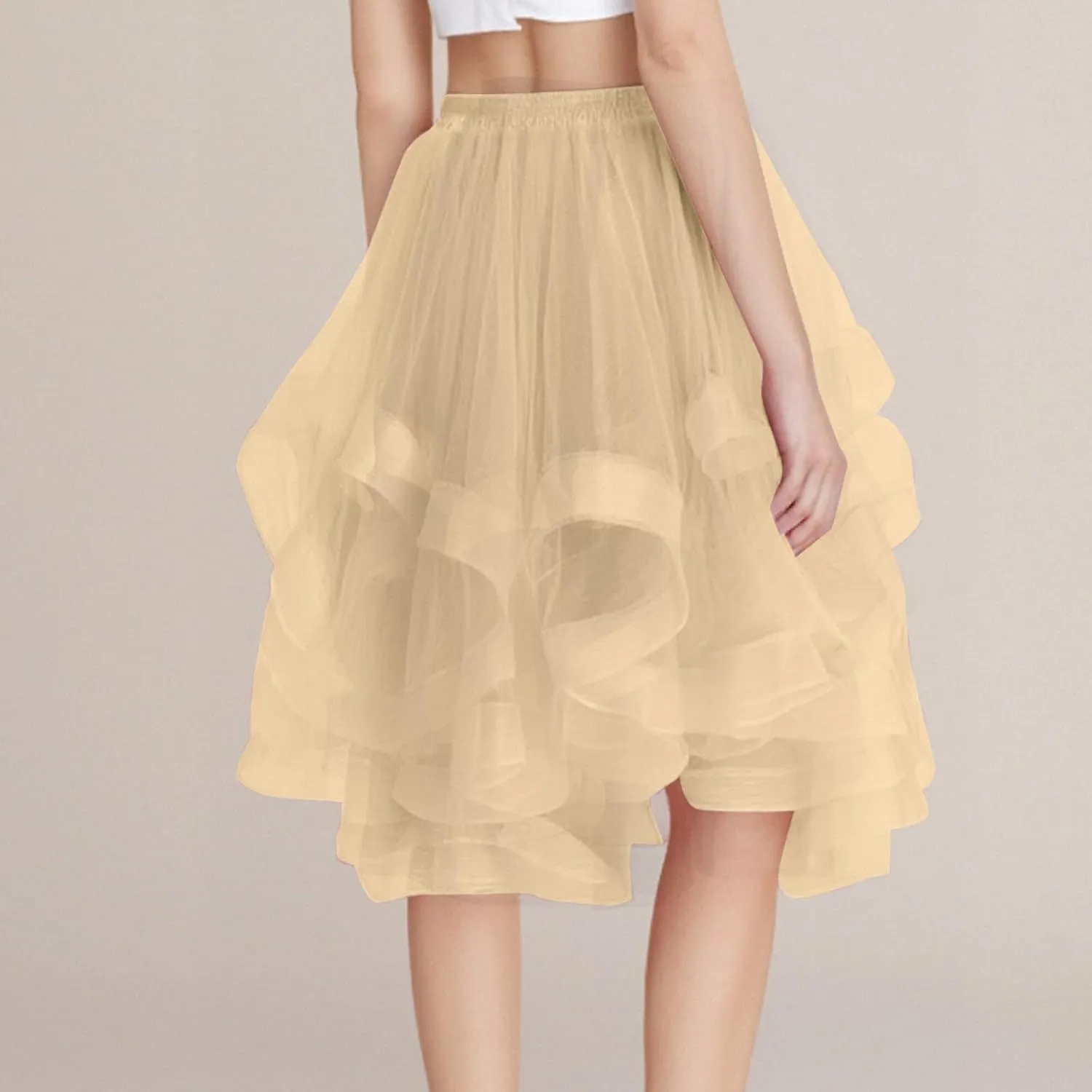 Women's Summer Casual Loose Trendy Elastic High Waist Solid Color Fluffy Mesh Party Latin Dance Flowy Skirts 2025, S-XL