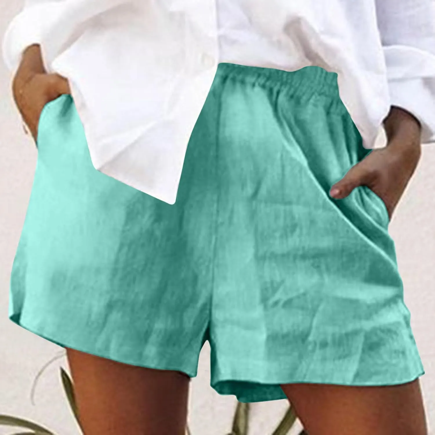 Women's Summer Cotton Linen Shorts with Pockets Plus Size Elastic Waisted Summer Lounge Pants