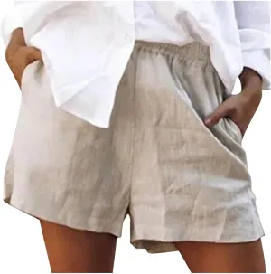 Women's Summer Cotton Linen Shorts with Pockets Plus Size Elastic Waisted Summer Lounge Pants
