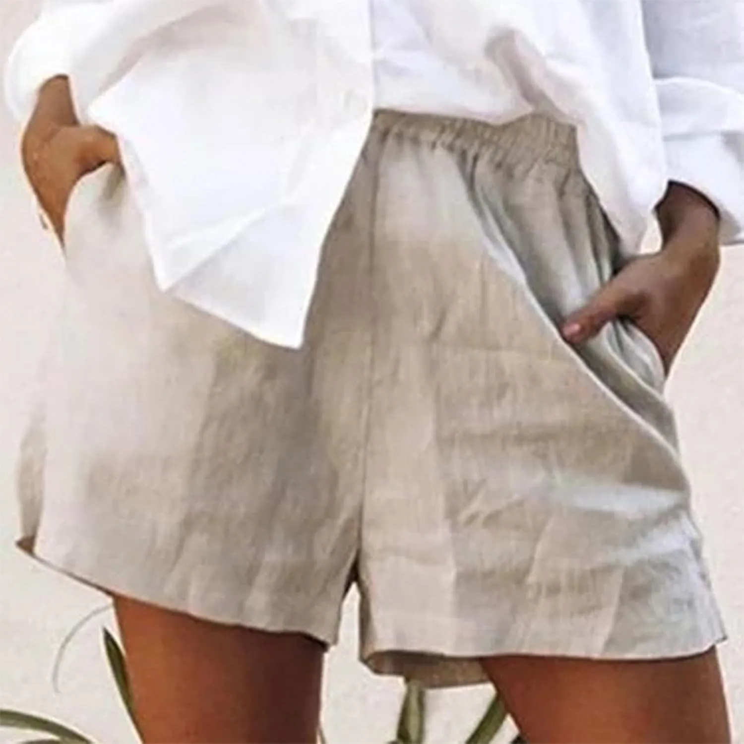 Women's Summer Cotton Linen Shorts with Pockets Plus Size Elastic Waisted Summer Lounge Pants